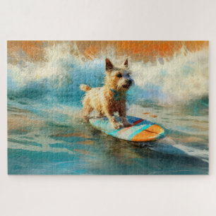 Biewer Terrier Beach Surfing Painting Jigsaw Puzzle