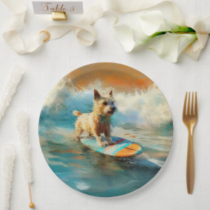 Biewer Terrier Beach Surfing Painting Paper Plate