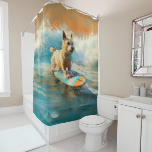 Biewer Terrier Beach Surfing Painting  Shower Curtain