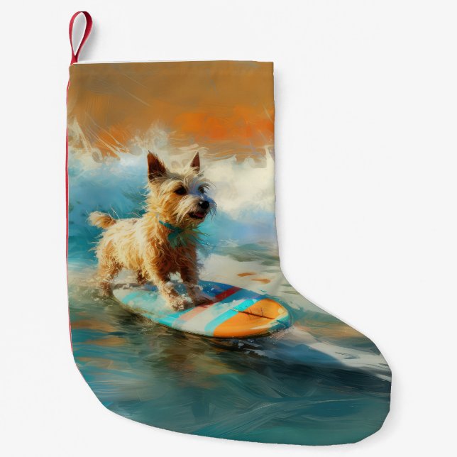 Biewer Terrier Beach Surfing Painting  Small Christmas Stocking (Front)