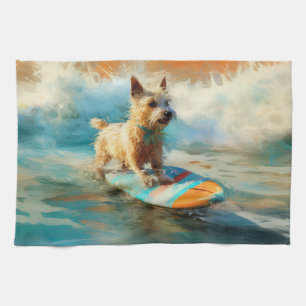 Biewer Terrier Beach Surfing Painting Tea Towel