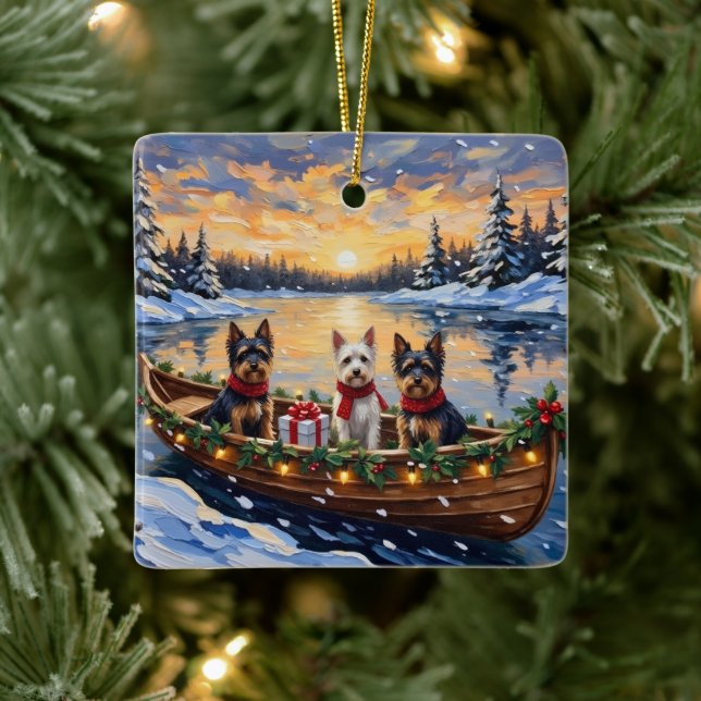 Biewer Terrier Christmas Boat Holiday Ceramic Ornament (Tree)
