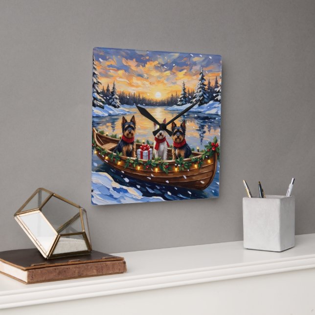 Biewer Terrier Christmas Boat Holiday Square Wall Clock (Office)