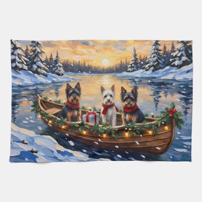 Biewer Terrier Christmas Boat Holiday Tea Towel (Horizontal)
