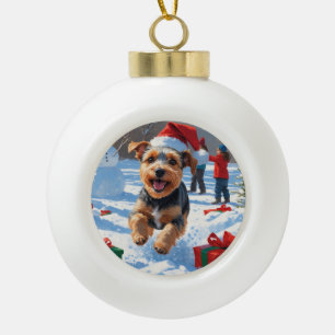 Biewer Terrier Christmas Festive Snow Scene Ceramic Ball Christmas Ornament
