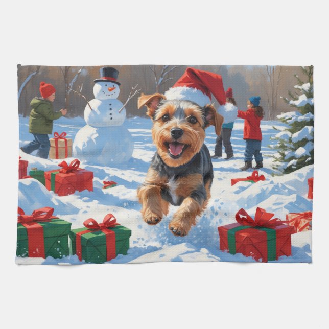 Biewer Terrier Christmas Festive Snow Scene  Tea Towel (Horizontal)