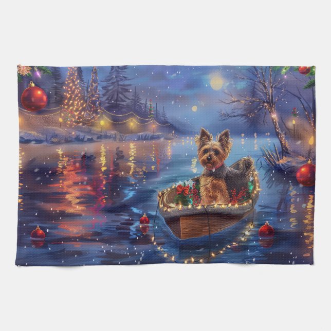 Biewer Terrier Christmas Festive Voyage Tea Towel (Horizontal)