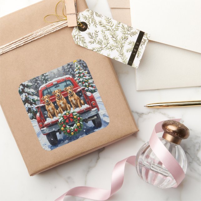 Biewer Terrier Christmas Red Truck Holiday Square Sticker (Gifting)