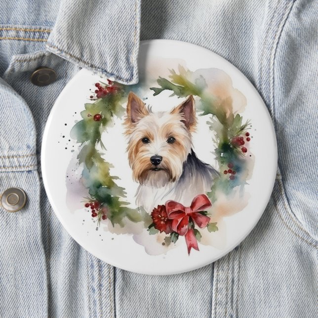 Biewer Terrier Christmas Wreath Festive Pup  6 Cm Round Badge (In Situ)