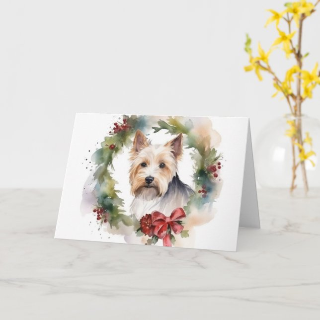 Biewer Terrier Christmas Wreath Festive Pup  Card (Yellow Flower)