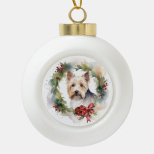 Biewer Terrier Christmas Wreath Festive Pup Ceramic Ball Christmas Ornament