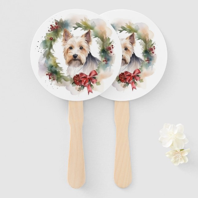 Biewer Terrier Christmas Wreath Festive Pup  Hand Fan (Front and Back)