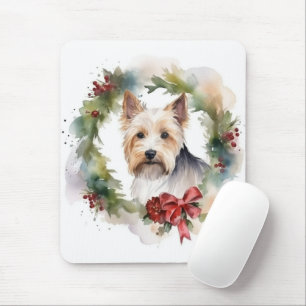 Biewer Terrier Christmas Wreath Festive Pup Mouse Mat