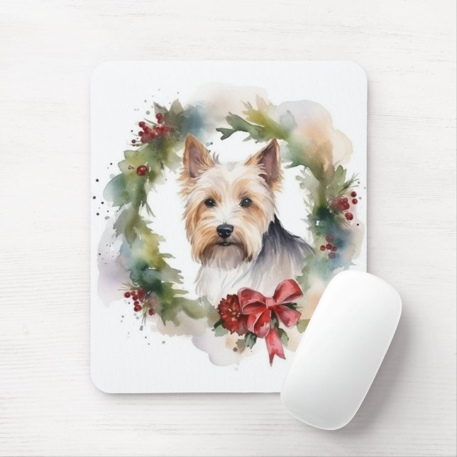 Biewer Terrier Christmas Wreath Festive Pup  Mouse Mat (With Mouse)