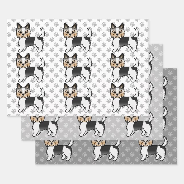 Biewer Terrier Cute Cartoon Dog Pattern Wrapping Paper Sheet (Set)