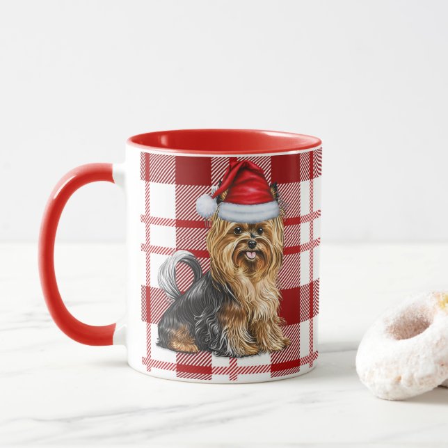 Biewer Terrier Dog and a Red Holiday Plaid Mug (With Donut)