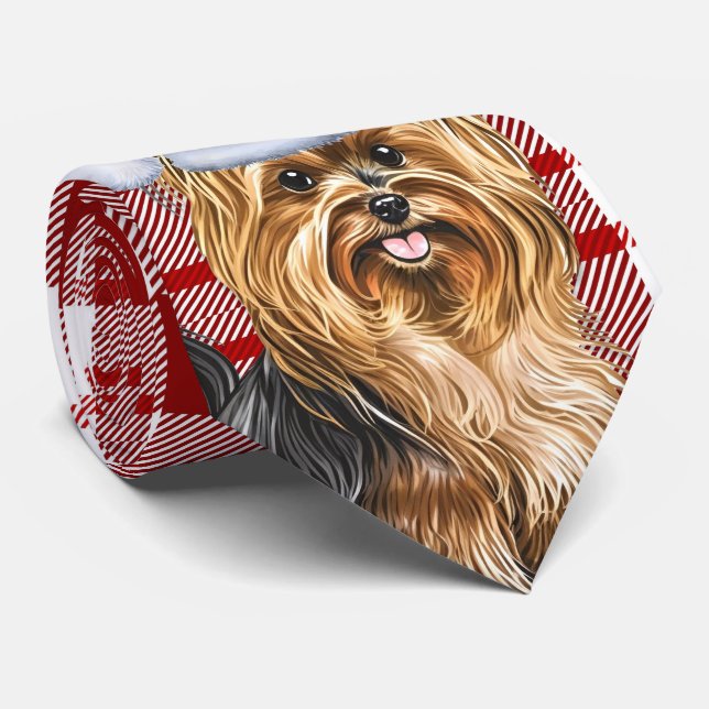 Biewer Terrier Dog and Red Plaid Christmas Tie (Rolled)