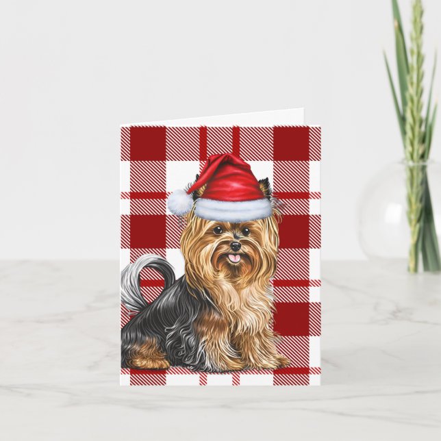 Biewer Terrier Dog Christmas Holiday Red Plaid Card (Front)