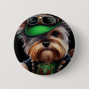 Biewer Terrier Dog Driving Bike St. Patrick's Day 6 Cm Round Badge