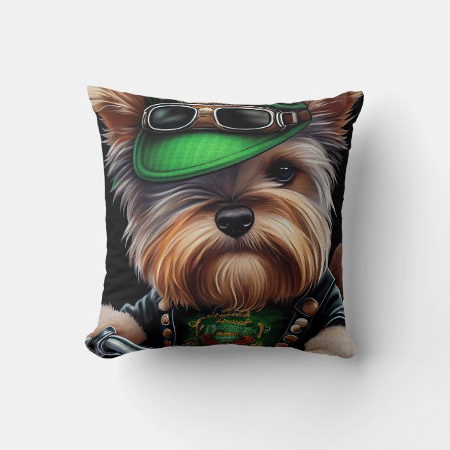 Biewer Terrier Dog Driving Bike St. Patrick's Day Cushion (Front)
