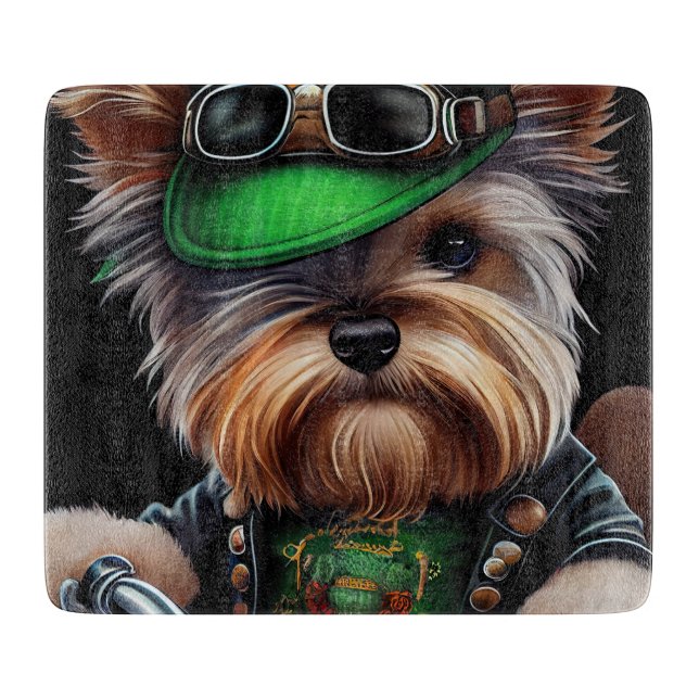 Biewer Terrier Dog Driving Bike St. Patrick's Day Cutting Board (Front)