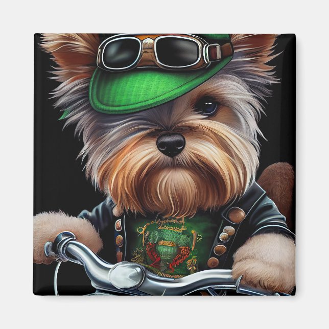 Biewer Terrier Dog Driving Bike St. Patrick's Day Magnet (Front)