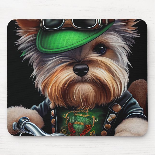 Biewer Terrier Dog Driving Bike St. Patrick's Day Mouse Mat (Front)