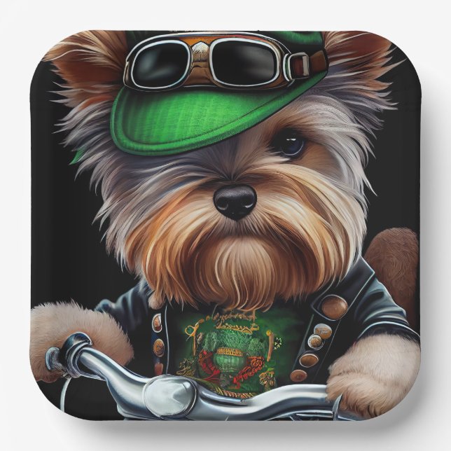 Biewer Terrier Dog Driving Bike St. Patrick's Day  Paper Plate (Front)