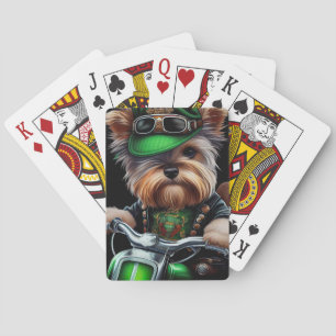 Biewer Terrier Dog Driving Bike St. Patrick's Day  Playing Cards
