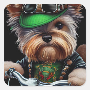 Biewer Terrier Dog Driving Bike St. Patrick's Day Square Sticker