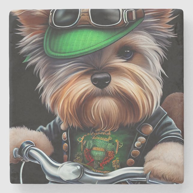 Biewer Terrier Dog Driving Bike St. Patrick's Day Stone Coaster (Front)