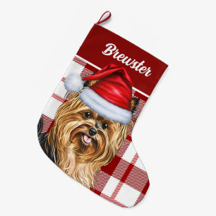 Biewer Terrier Dog Holiday Red Plaid Dog's Name Large Christmas Stocking