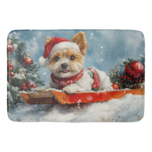 Biewer Terrier Dog in Sledge Let it Snow Christmas Bath Mat