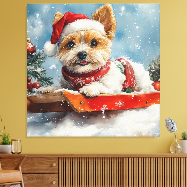 Biewer Terrier Dog in Sledge Let it Snow Christmas Canvas Print (Insitu(LivingRoom))