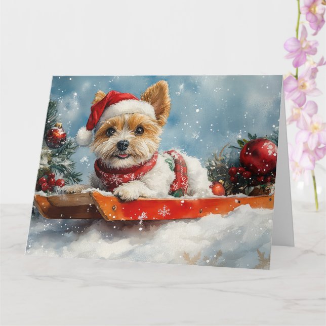 Biewer Terrier Dog in Sledge Let it Snow Christmas Card (Orchid)