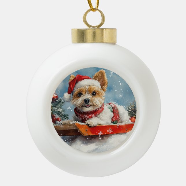 Biewer Terrier Dog in Sledge Let it Snow Christmas Ceramic Ball Christmas Ornament (Front)