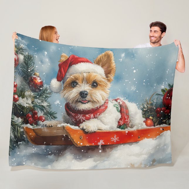 Biewer Terrier Dog in Sledge Let it Snow Christmas Fleece Blanket (In Situ)