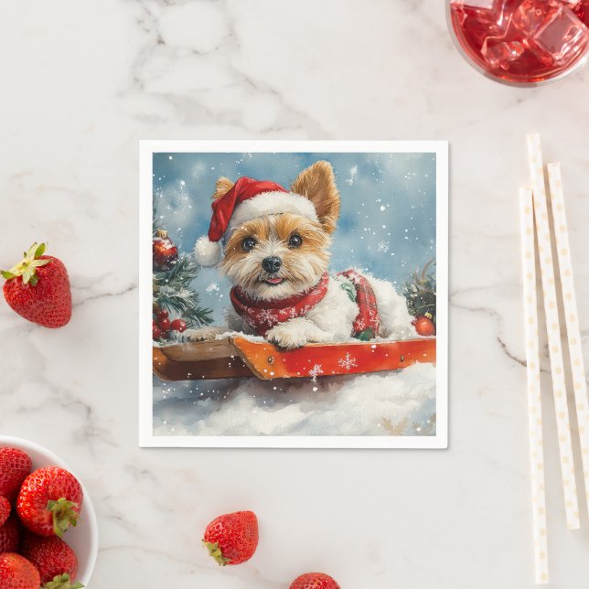 Biewer Terrier Dog in Sledge Let it Snow Christmas Napkin (Insitu)