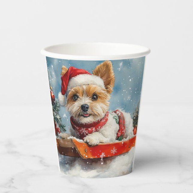 Biewer Terrier Dog in Sledge Let it Snow Christmas Paper Cups (Front)