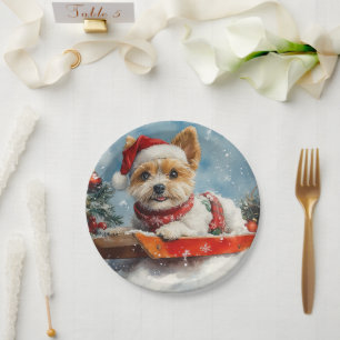 Biewer Terrier Dog in Sledge Let it Snow Christmas Paper Plate