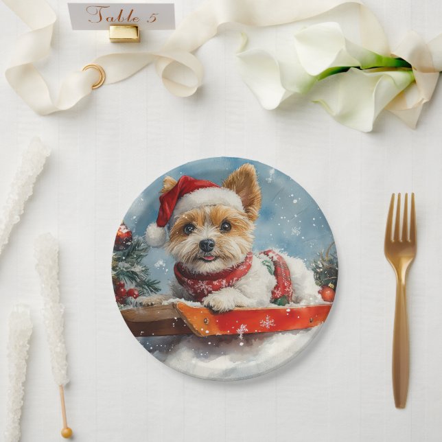 Biewer Terrier Dog in Sledge Let it Snow Christmas Paper Plate (Wedding)