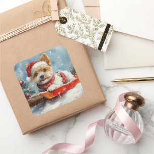 Biewer Terrier Dog in Sledge Let it Snow Christmas Square Sticker