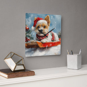 Biewer Terrier Dog in Sledge Let it Snow Christmas Square Wall Clock