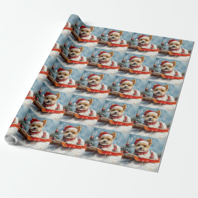 Biewer Terrier Dog in Sledge Let it Snow Christmas Wrapping Paper (Unrolled)