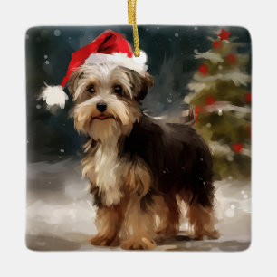 Biewer Terrier Dog in Snow Christmas  Ceramic Ornament