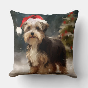 Biewer Terrier Dog in Snow Christmas Cushion