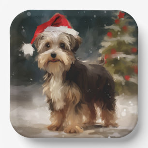 Biewer Terrier Dog in Snow Christmas  Paper Plate