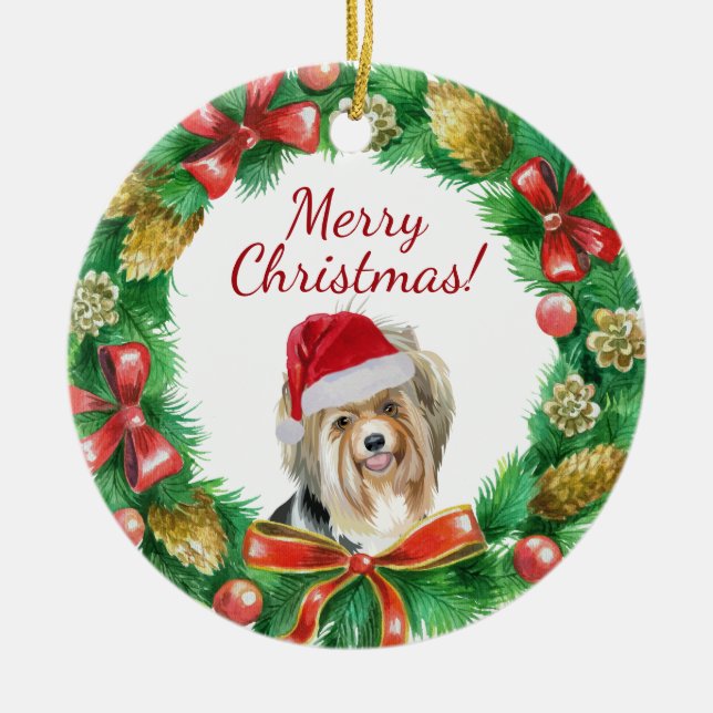 Biewer Terrier Dog Merry Christmas Ceramic Tree Decoration (Front)