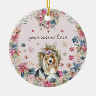 Biewer Terrier Dog Puppy flower print Ceramic Tree Decoration
