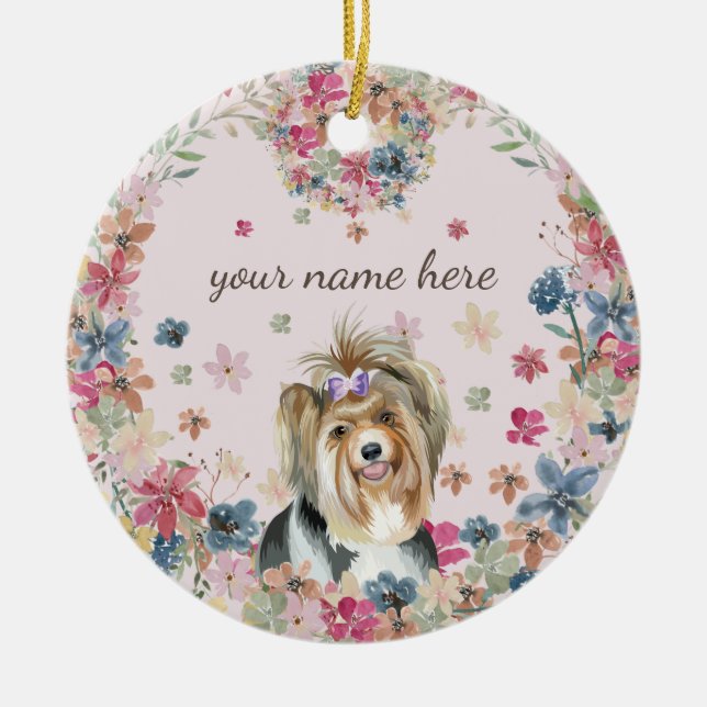 Biewer Terrier Dog Puppy flower print Ceramic Tree Decoration (Front)